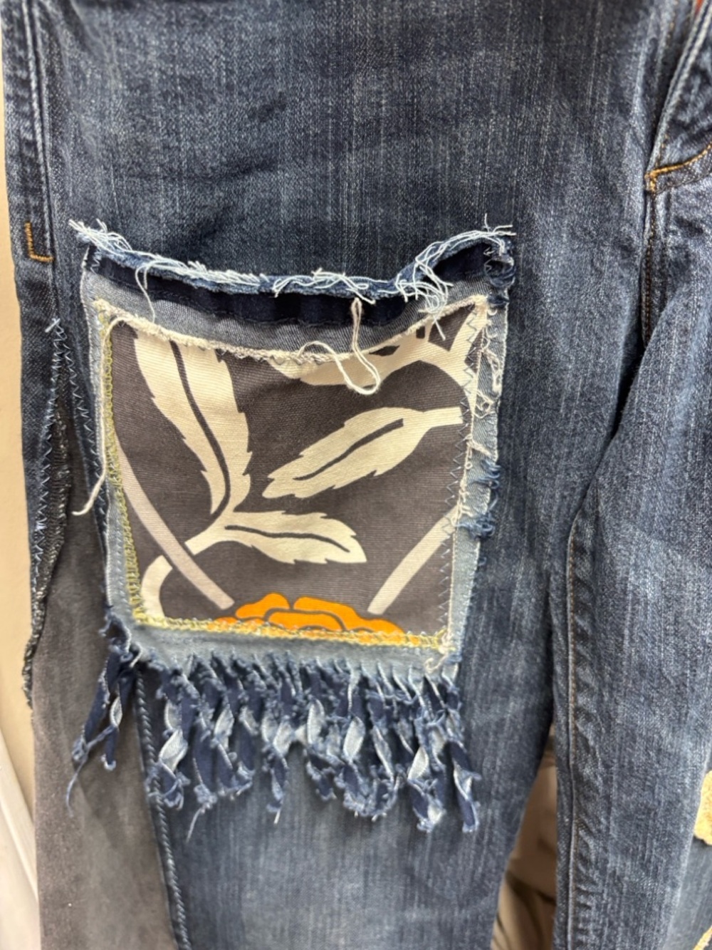 Scrappy Pants Handcrafted Boho Embroidered Butterfly Patchwork Blue Jeans 34x30 - Picture 3 of 5